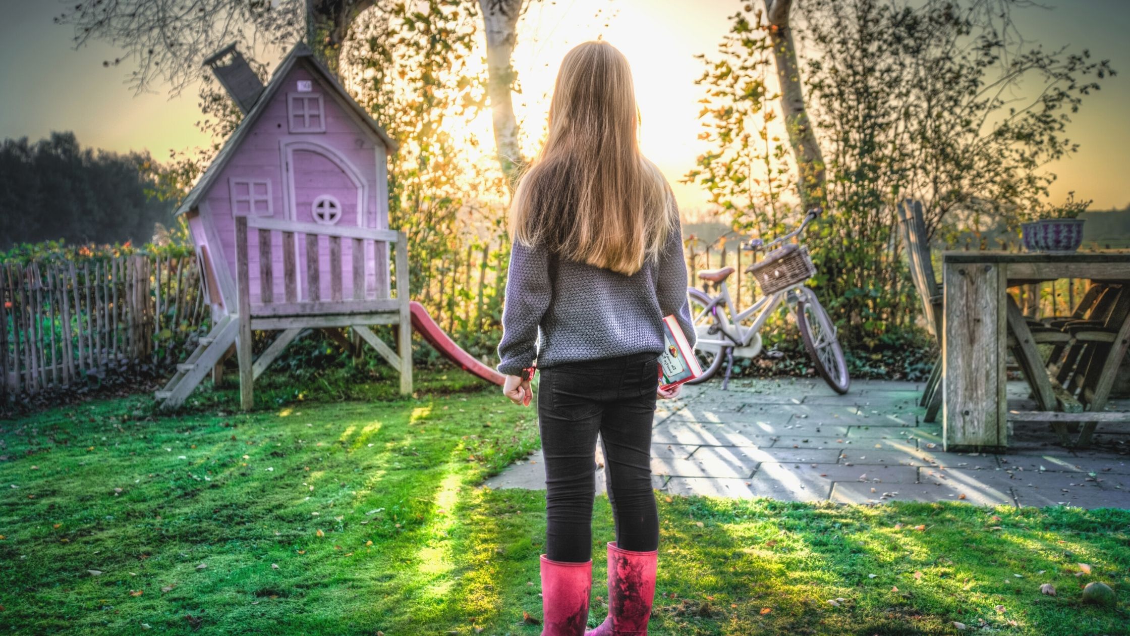 backyard home studio shed grass fence boots pink denver neighnborhood