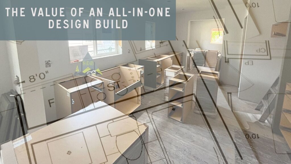 custom home construction showing cabinetry being installed with an overlay of blueprints and building plans over it for a denver custom home remodel