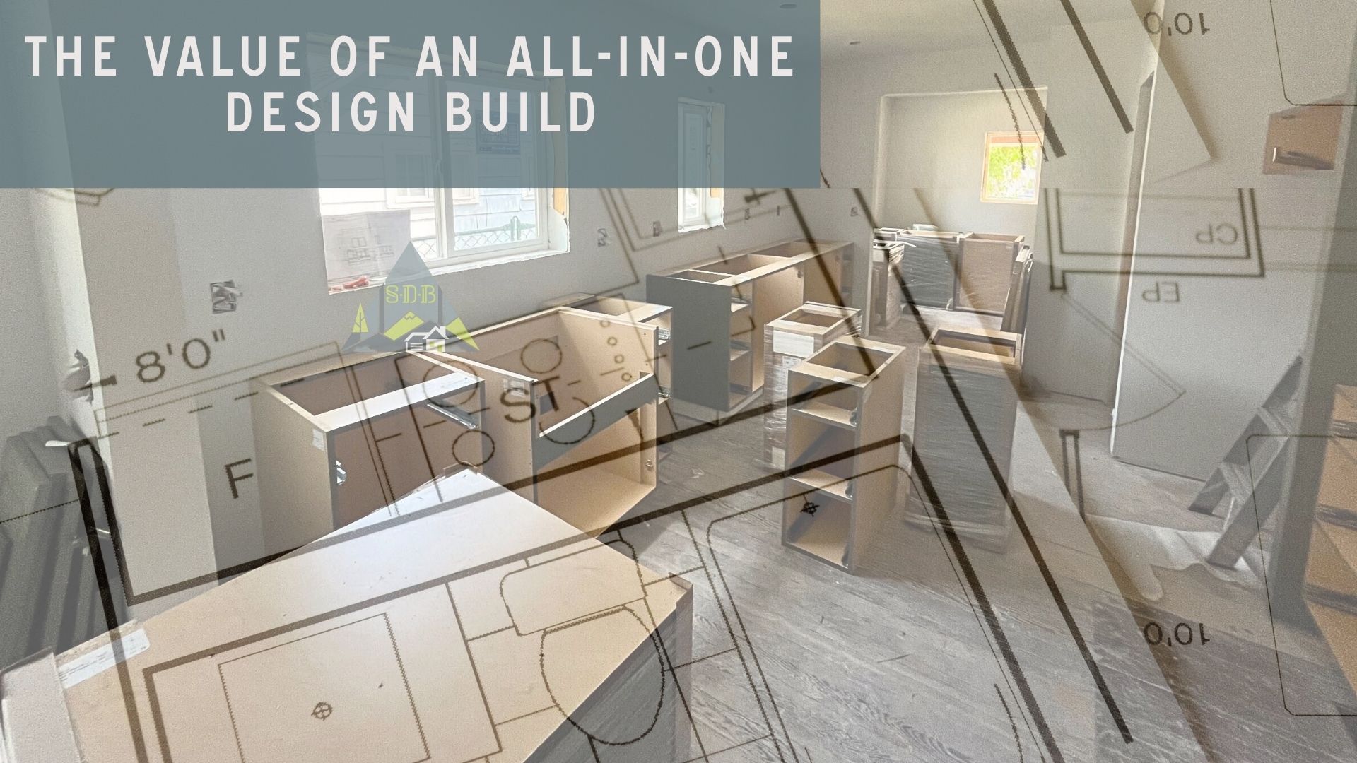 custom home construction showing cabinetry being installed with an overlay of blueprints and building plans over it for a denver custom home remodel