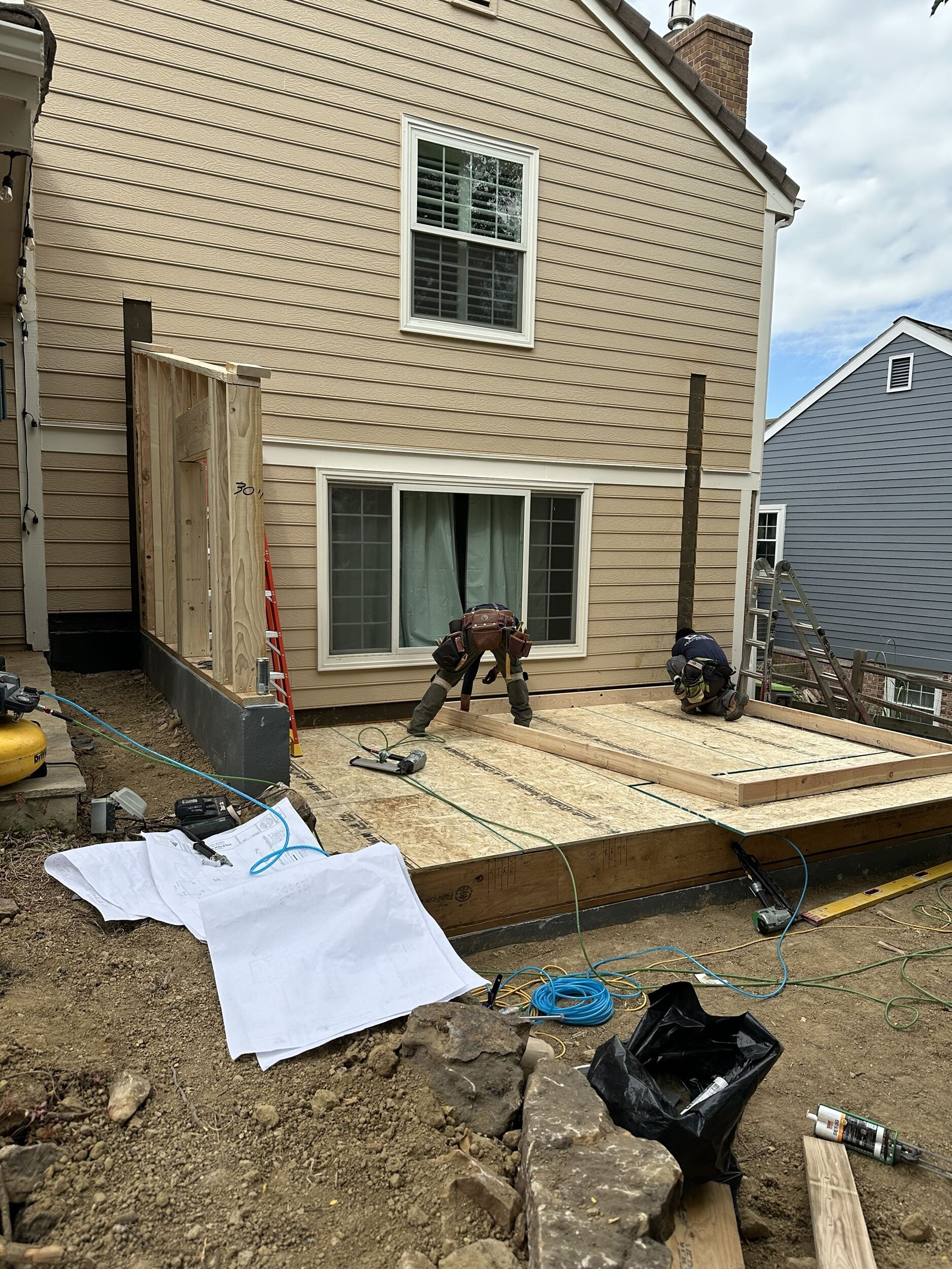 Framing of Centennial Home Addition Project off of Glencoe with Sustainable design build wood framing of sub floor and walls of home addition project in Centennial Littleton area of Denver