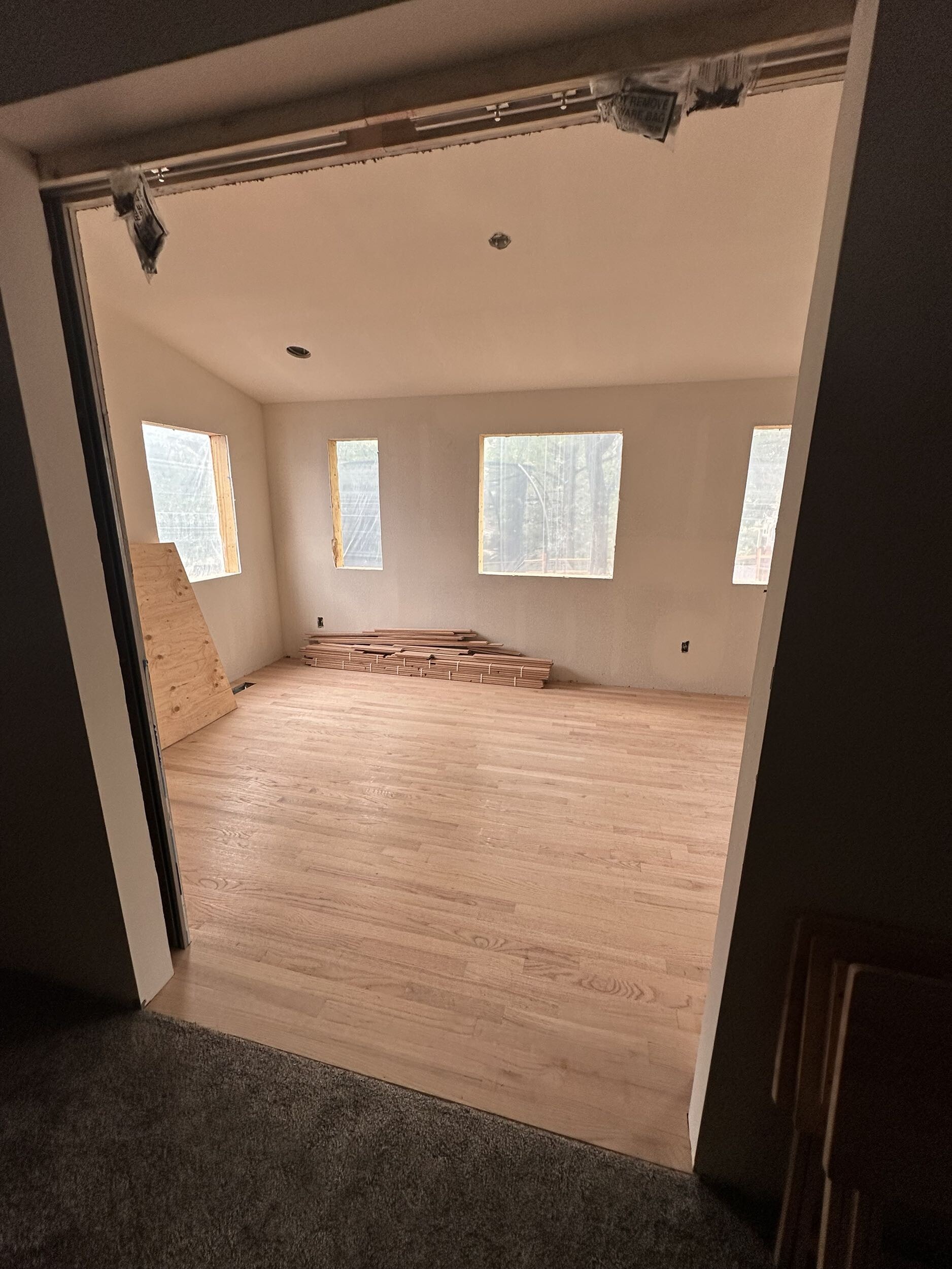 Dual Pocket Door entryway for home office home renovation project in Centennial showcasing an opening from living room into home addition project via dual pocket door installation