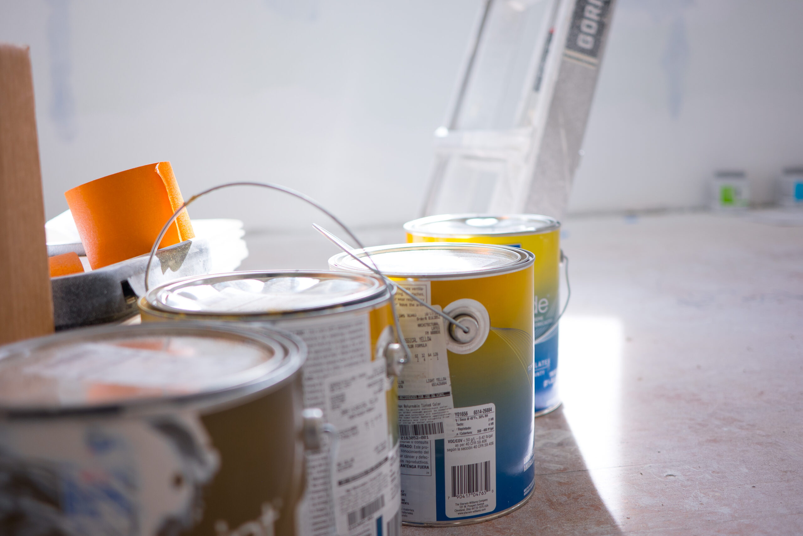 SDB home addition project in progress denver paint cans and drywall interior design selections